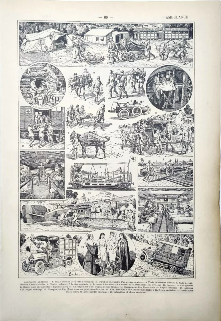 Ambulance militaire, secours et évacuation des blessés, planche ancienne de 1922