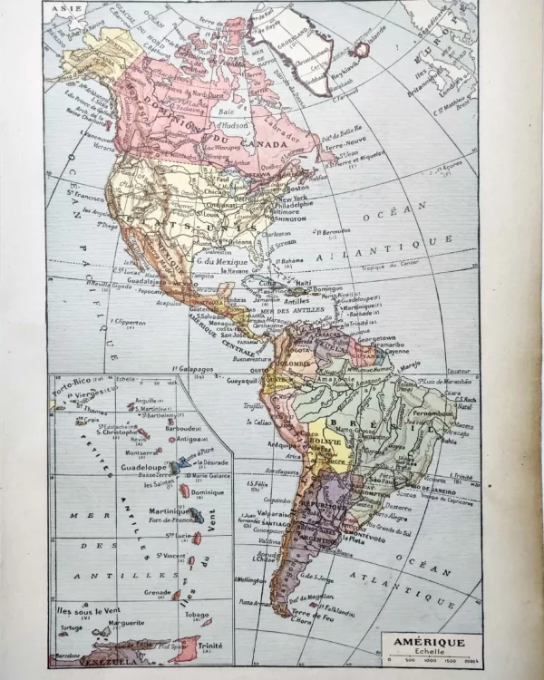LU11922AMER-R-amerique Amérique, carte géographique ancienne en couleurs de 1922