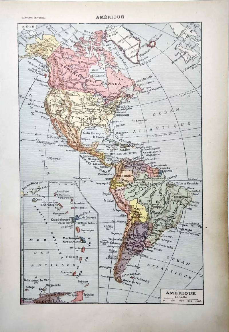 LU11922AMER-R-amerique Amérique, carte géographique ancienne en couleurs de 1922
