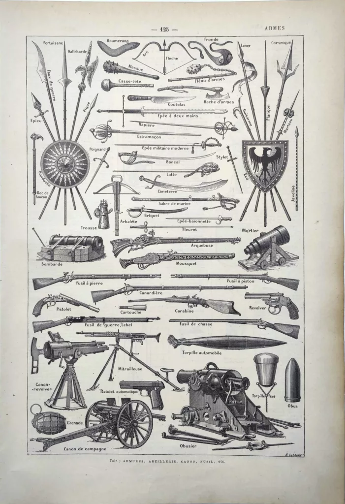 Armes anciennes et modernes, épées, fusils et canons, planche historique de 1922