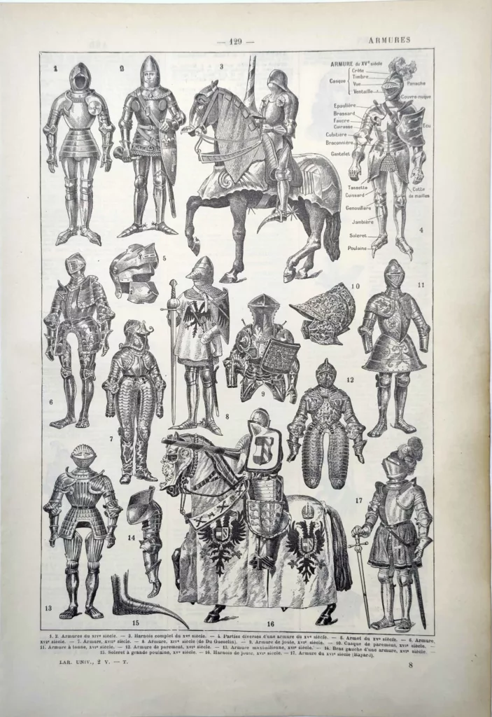 Armures de chevaliers, harnois et casques des XVe et XVIe siècles, planche de 1922
