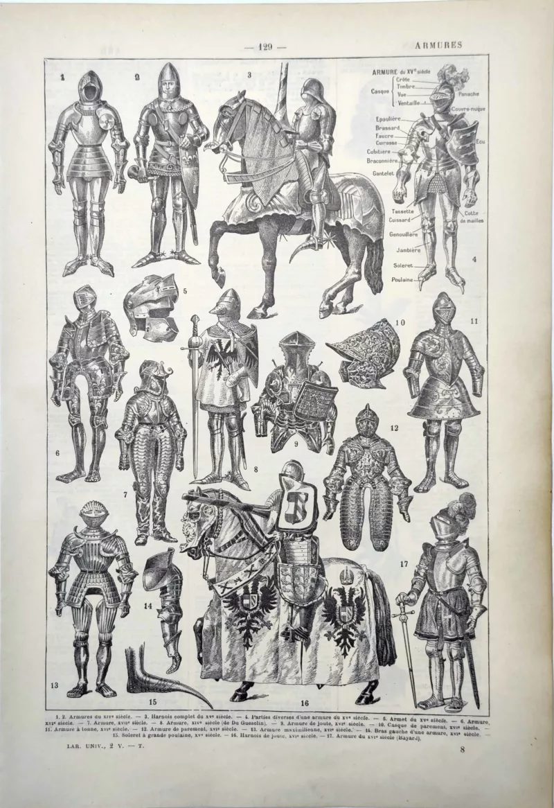 Armures de chevaliers, harnois et casques des XVe et XVIe siècles, planche de 1922