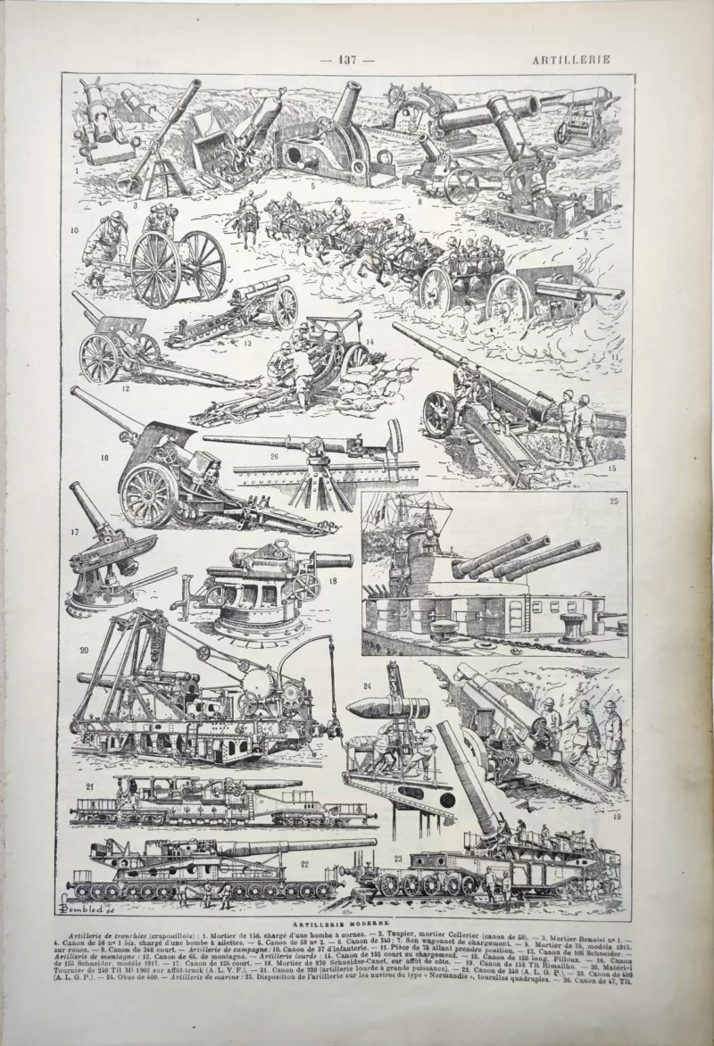 LU11922ARTH-R2-artillerie Artillerie moderne, canons et matériels militaires, planche ancienne de 1922
