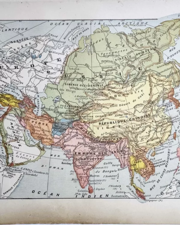 LU11922ASIE-R-asie Asie, grande carte géographique ancienne en couleurs de 1922