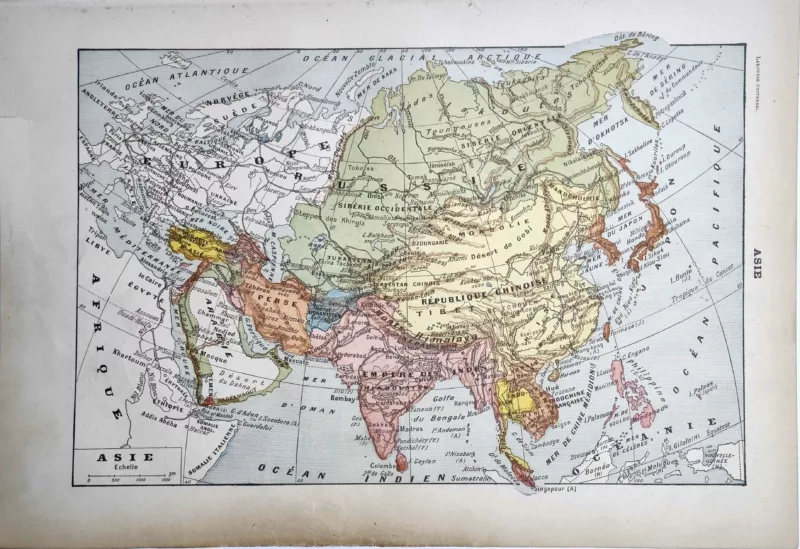 LU11922ASIE-R-asie Asie, grande carte géographique ancienne en couleurs de 1922