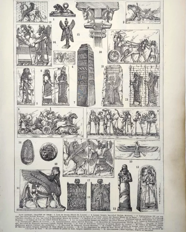 Arts assyrien, chaldéen et perse, sculptures et bas-reliefs antiques, planche de 1922