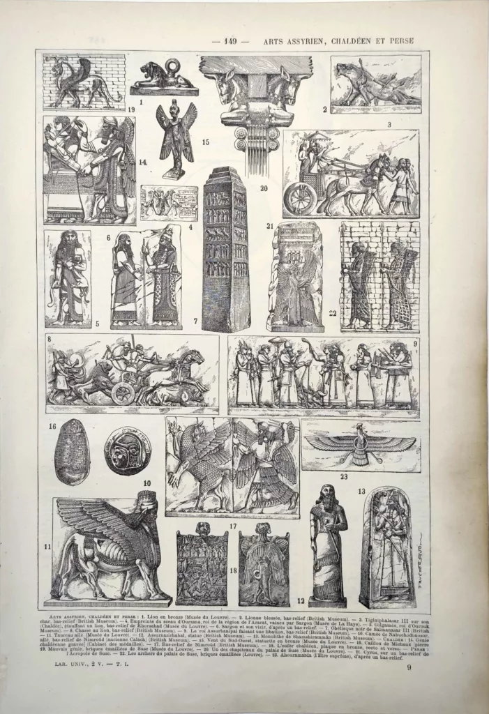 Arts assyrien, chaldéen et perse, sculptures et bas-reliefs antiques, planche de 1922