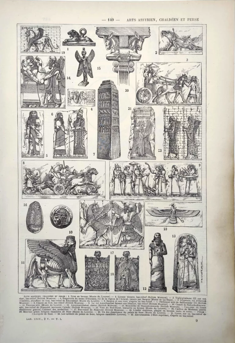 Arts assyrien, chaldéen et perse, sculptures et bas-reliefs antiques, planche de 1922