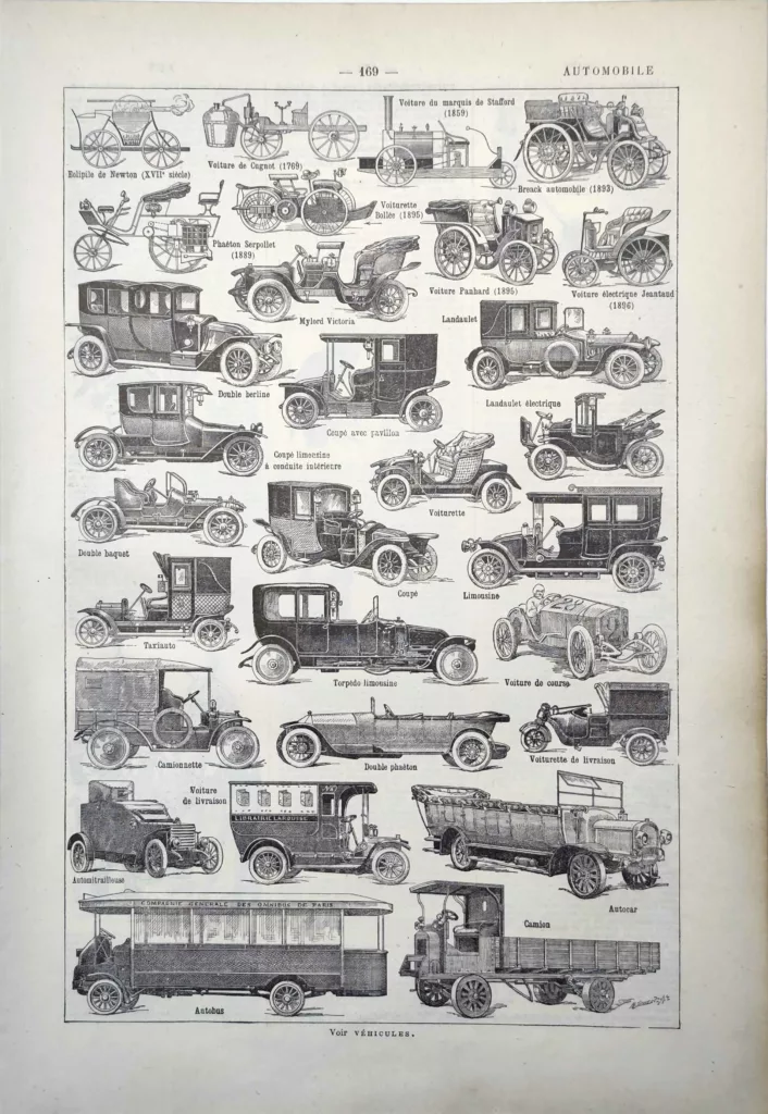 Automobiles, voitures anciennes, autobus et véhicules, planche technique de 1922
