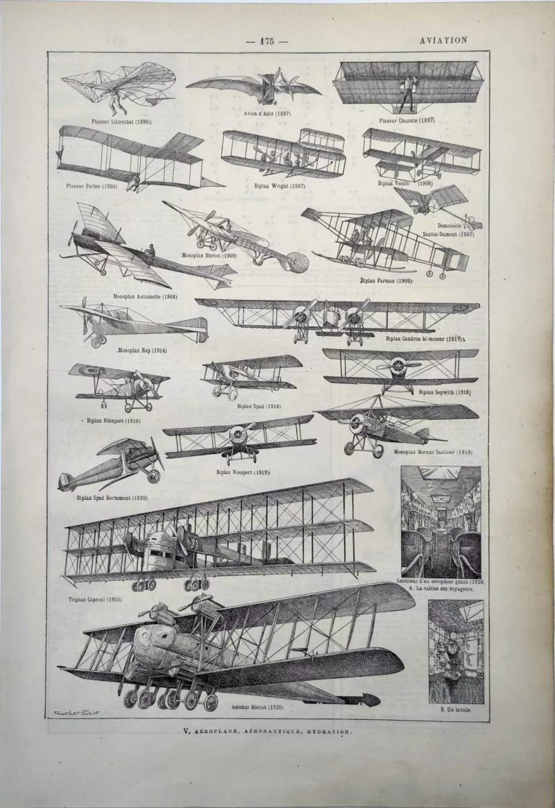 LU11922AVIA-R-aviation Aviation, planeurs, biplans et avions des pionniers, planche ancienne de 1922
