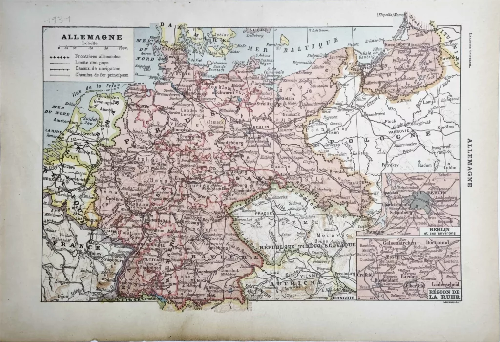 Allemagne, carte politique et ferroviaire en couleurs mise à jour en 1931