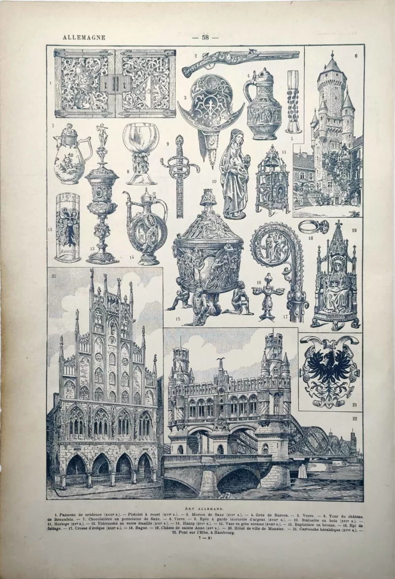 LU11931ALLE-V-allemagne-1931 Art allemand, objets, monuments et architecture, planche encyclopédique de 1931