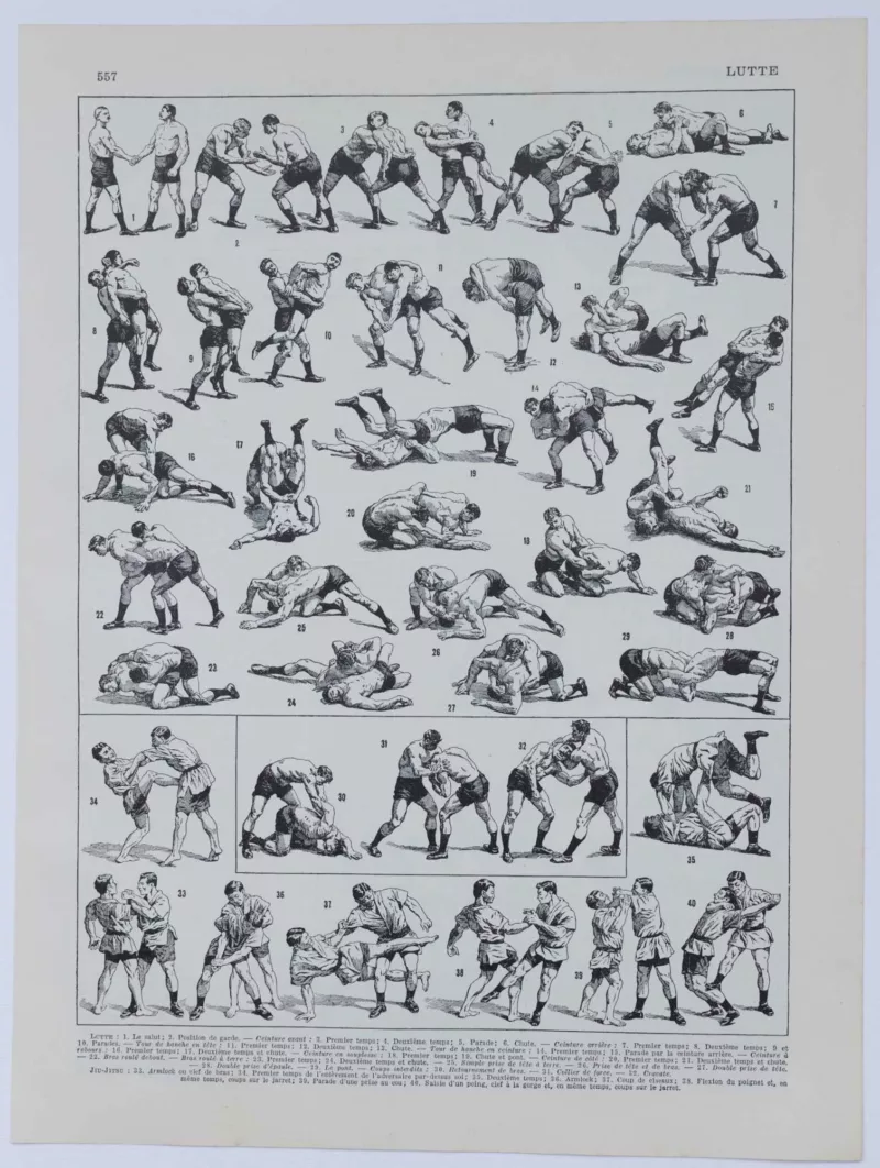 Lutte, 40 prises et mouvements, planche sportive 1930 – planche ancienne entière