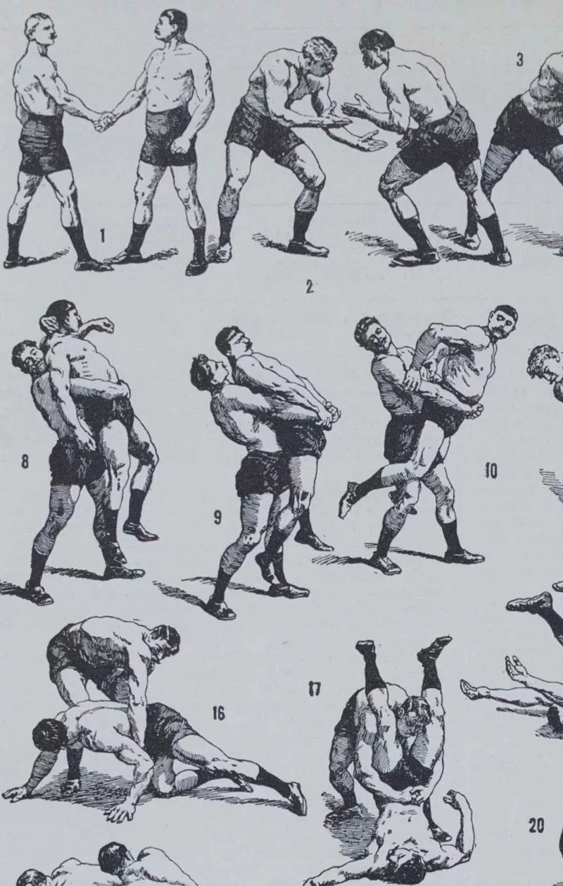 Lutte, 40 prises et mouvements, planche sportive 1930 – planche ancienne entière