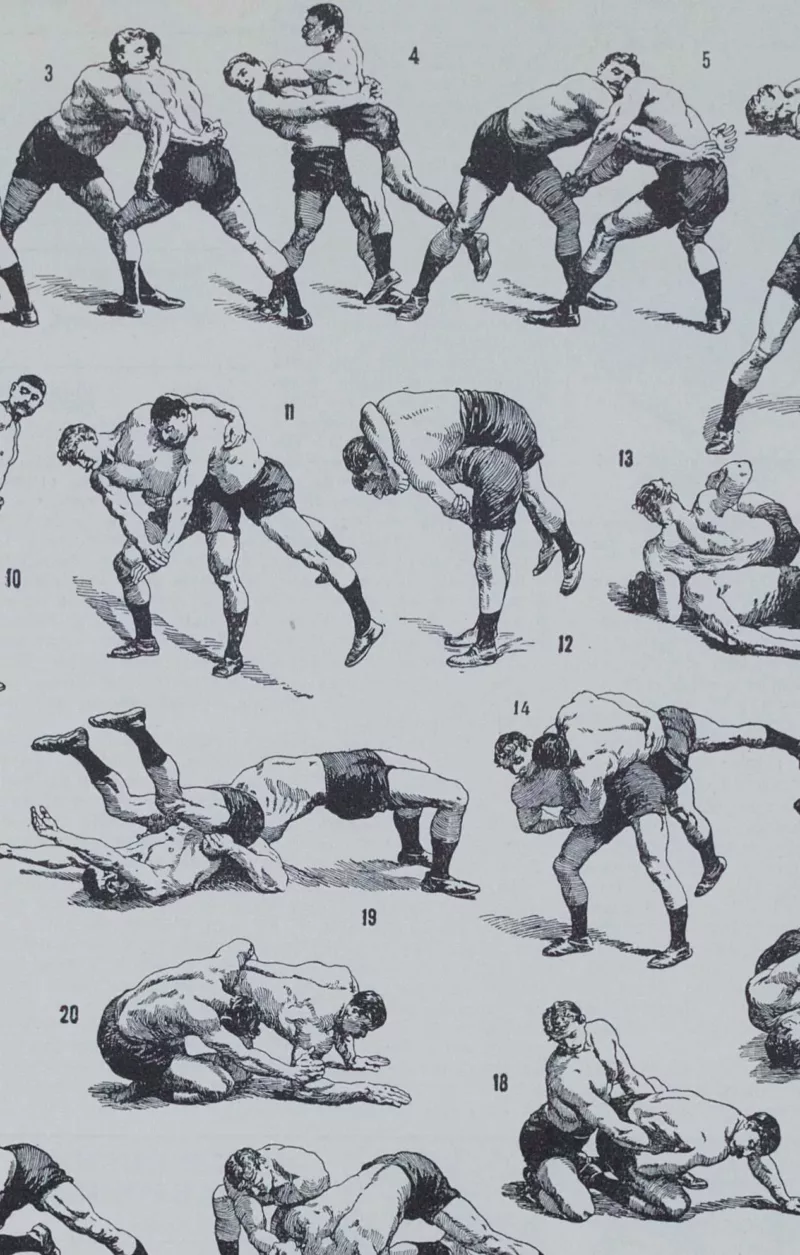 Lutte, 40 prises et mouvements, planche sportive 1930 – planche encadrée en décoration murale