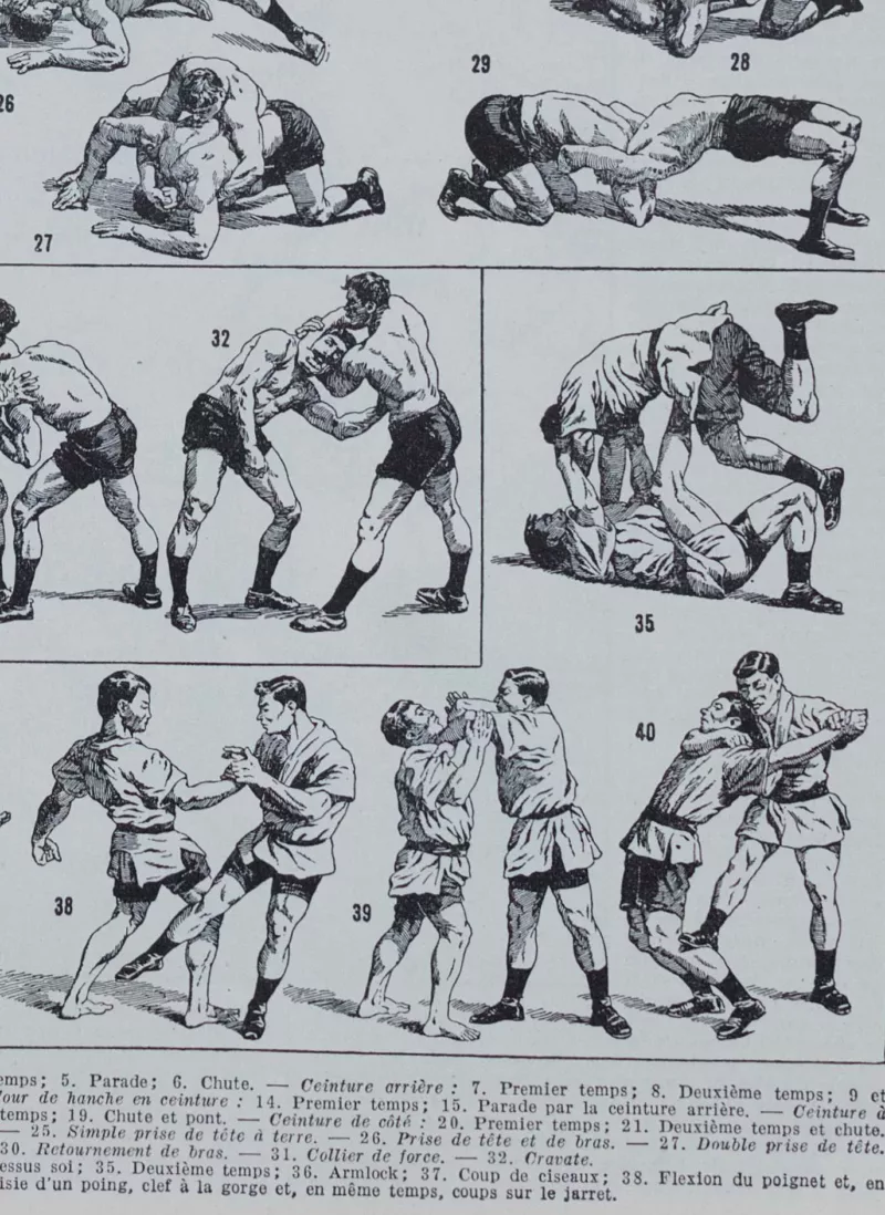 Lutte, 40 prises et mouvements, planche sportive 1930 – détail de la planche ancienne