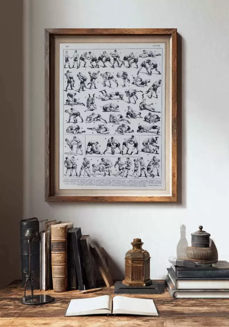 Lutte, 40 prises et mouvements, planche sportive 1930 – détail de la planche ancienne