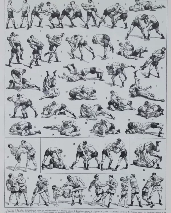 lutte-b10 Lutte, 40 prises et mouvements, planche sportive 1930