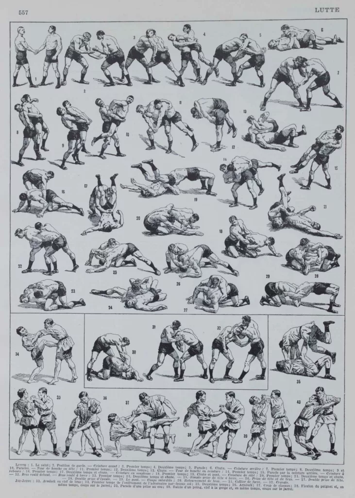 Lutte, 40 prises et mouvements, planche sportive 1930