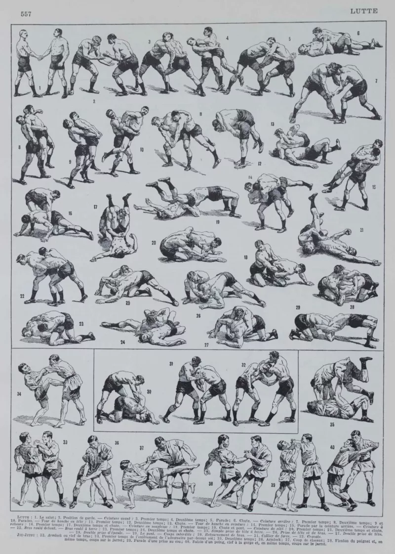 Lutte, 40 prises et mouvements, planche sportive 1930