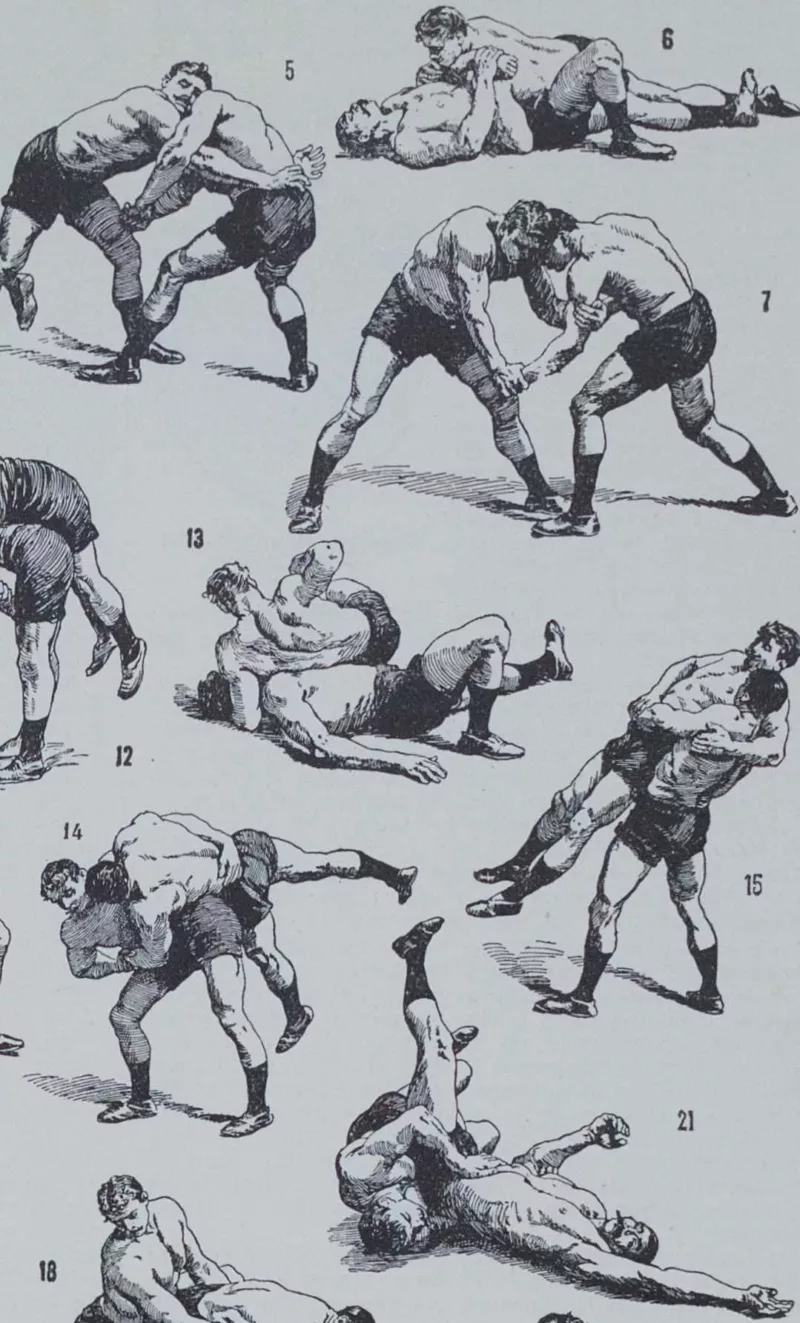 Lutte, 40 prises et mouvements, planche sportive 1930 – planche ancienne entière
