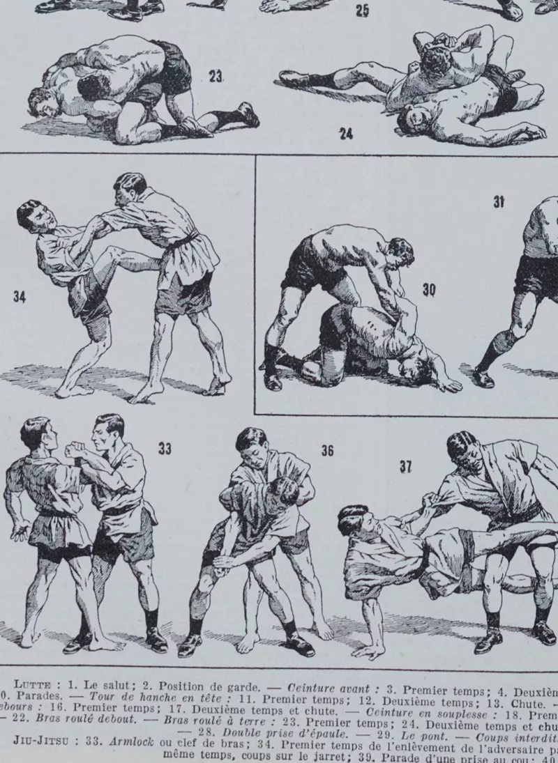 Lutte, 40 prises et mouvements, planche sportive 1930 – planche encadrée en décoration murale