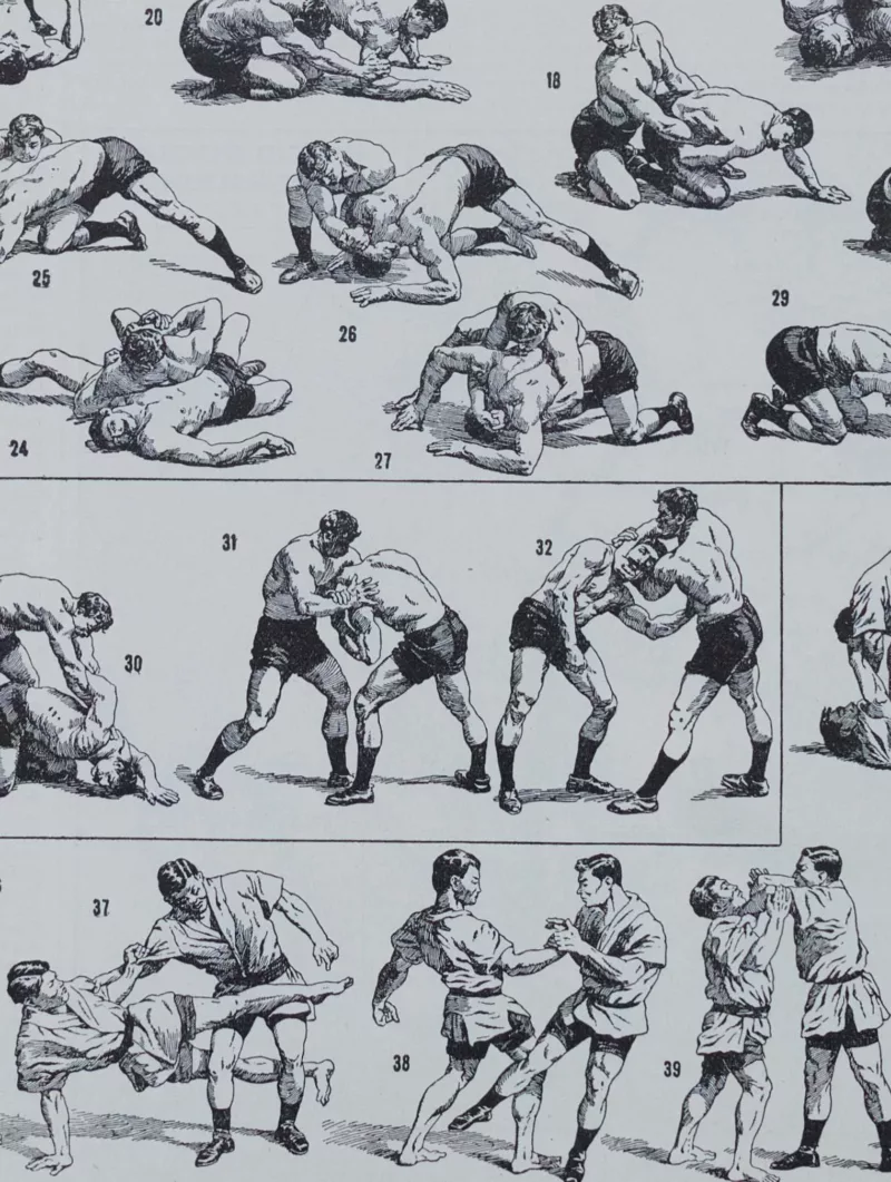 Lutte, 40 prises et mouvements, planche sportive 1930 – détail de la planche ancienne