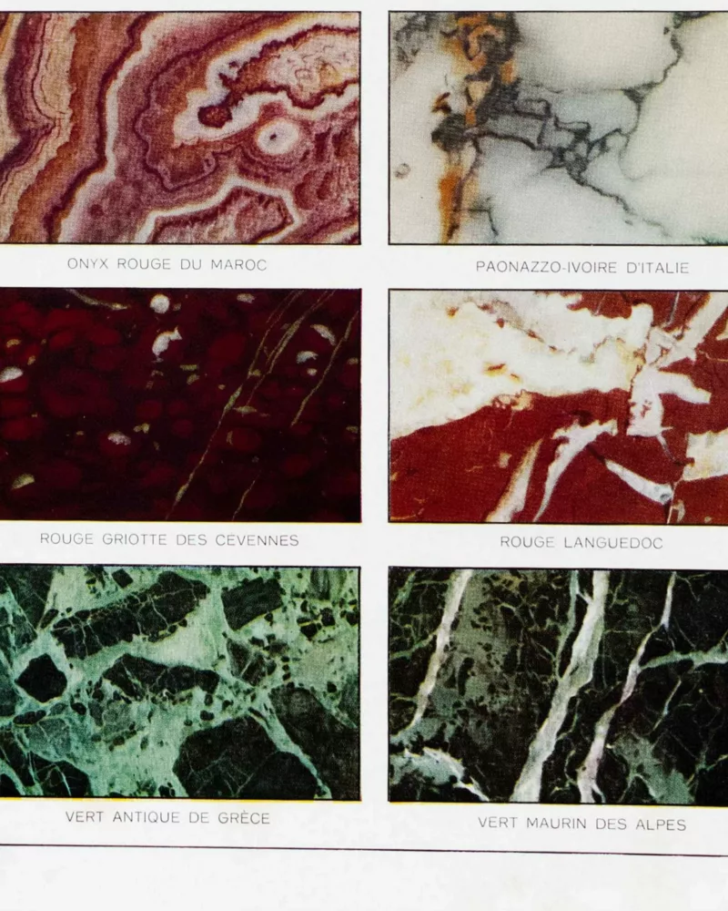 Marbres du monde, 18 variétés, planche géologique 1930