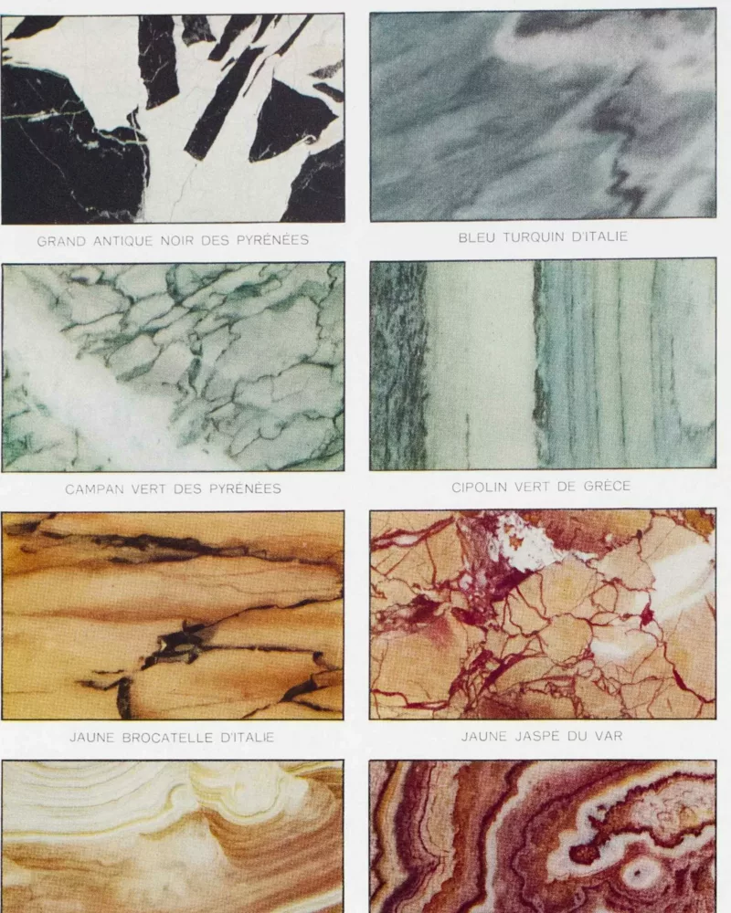 Marbres du monde, 18 variétés, planche géologique 1930