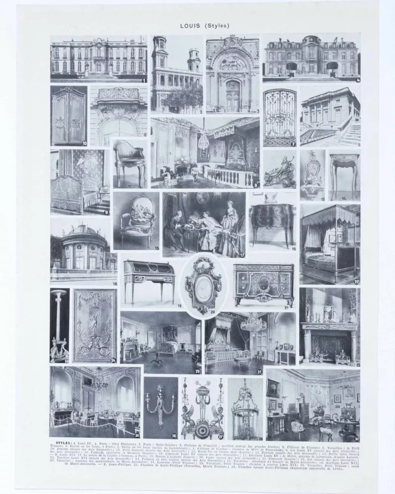 Styles Louis, mobilier et architecture française, planche 1930 – verso du document ancien