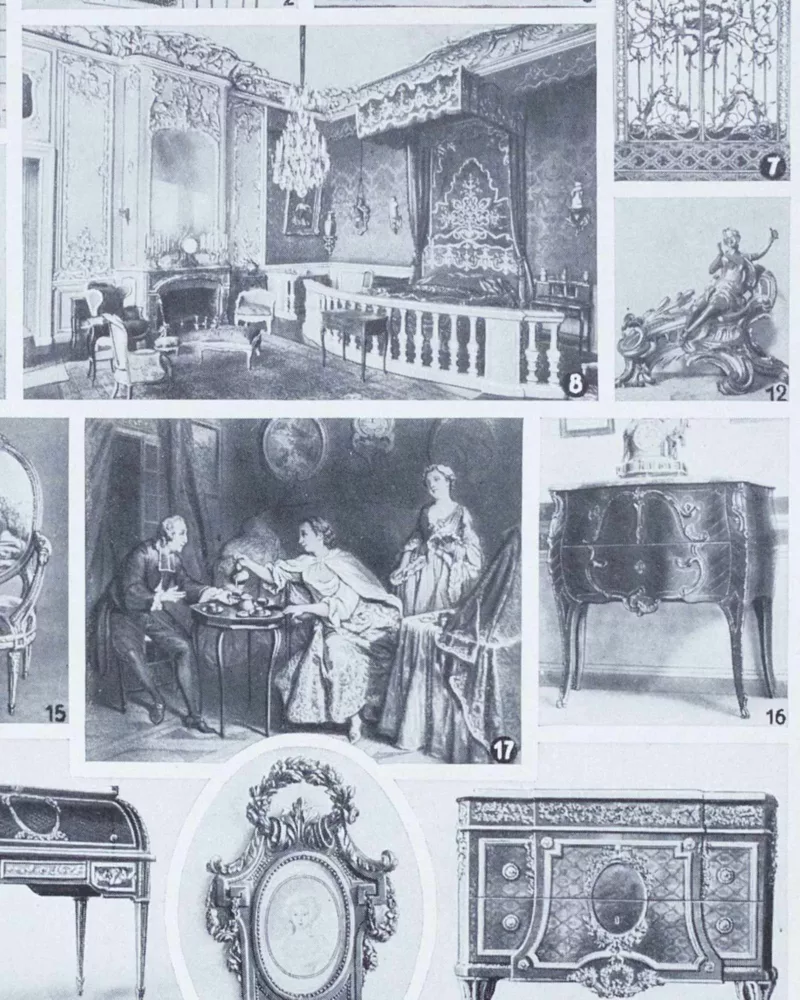 Styles Louis, mobilier et architecture française, planche 1930 – verso du document ancien