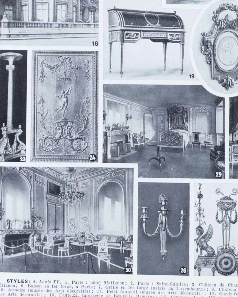 Styles Louis, mobilier et architecture française, planche 1930 – verso encadré en décoration murale
