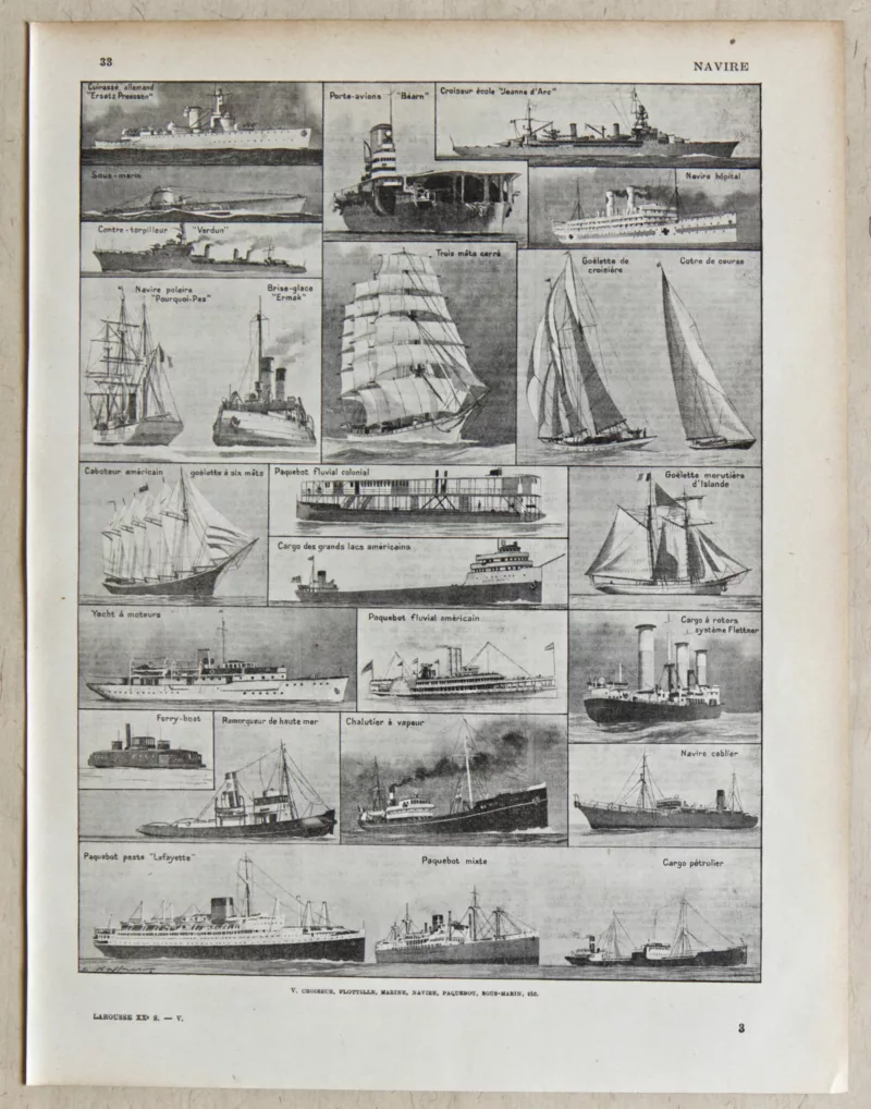 Navires, planche encyclopédique originale 1930