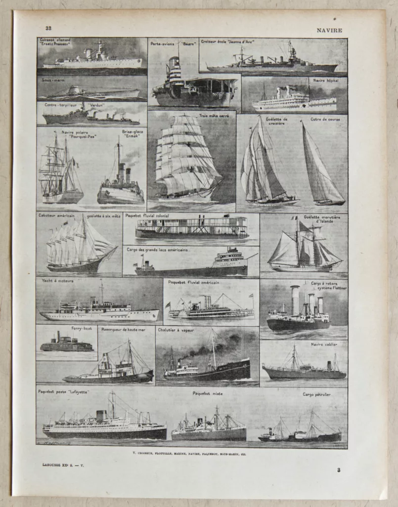 Navires, planche encyclopédique originale 1930