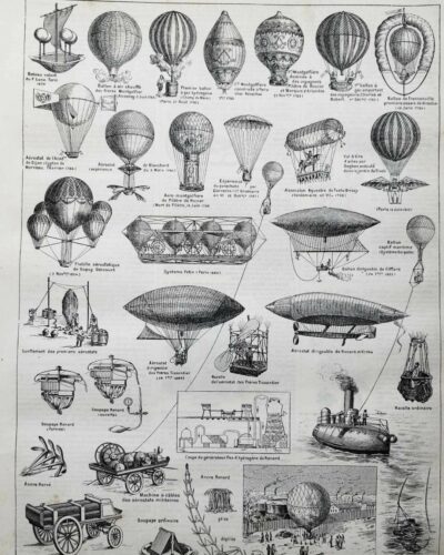 Aérostation, ballons et dirigeables, planche originale 1897