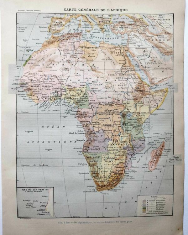 Afrique, carte, illustrations naturalistes, planche originale 1897