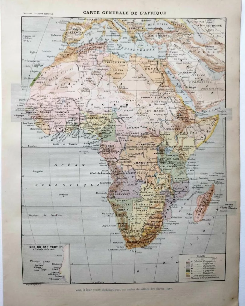 Afrique, carte, illustrations naturalistes, planche originale 1897