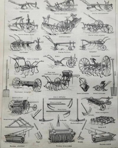 Agriculture, machines et outils, deux planches originales 1897