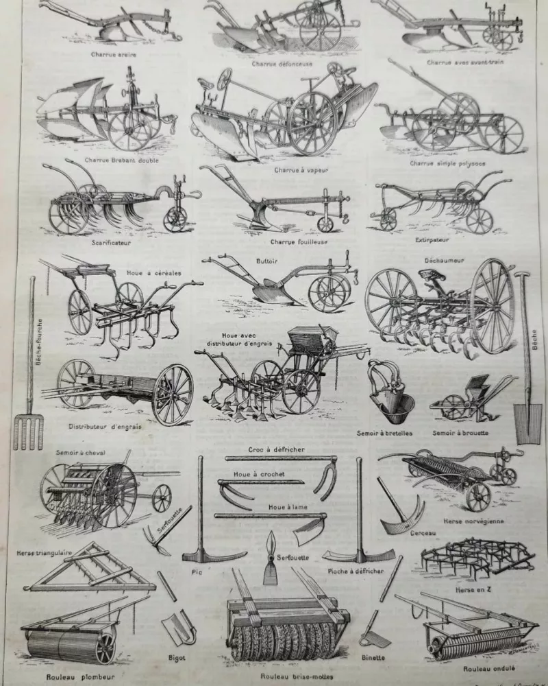 Agriculture, machines et outils, deux planches originales 1897 – planche ancienne entière