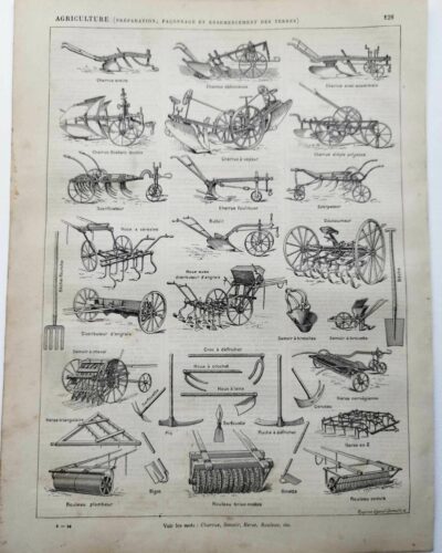 Agriculture, machines et outils, deux planches originales 1897