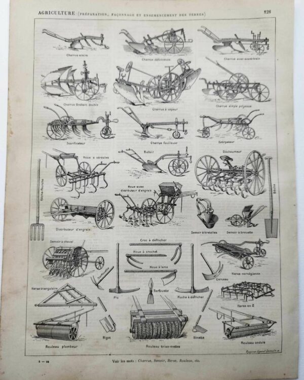 Agriculture, machines et outils, deux planches originales 1897