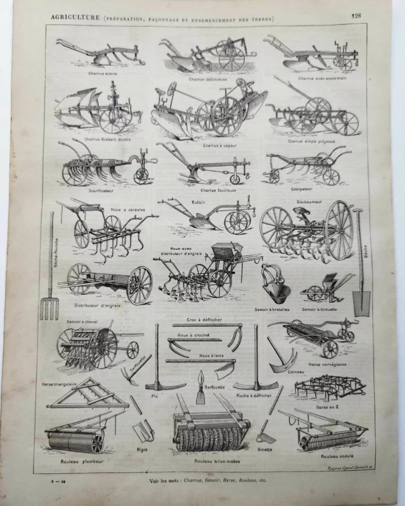 Agriculture, machines et outils, deux planches originales 1897