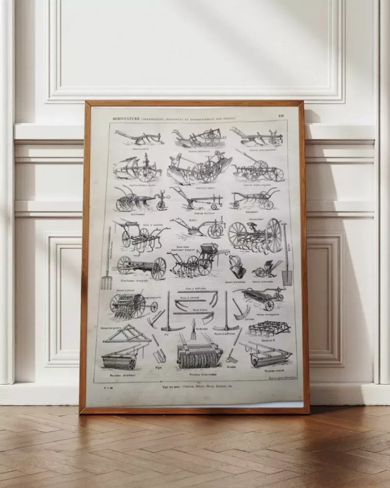 Agriculture, machines et outils, deux planches originales 1897 – planche encadrée en décoration murale