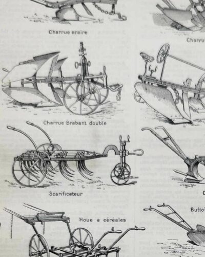 Agriculture, machines et outils, deux planches originales 1897