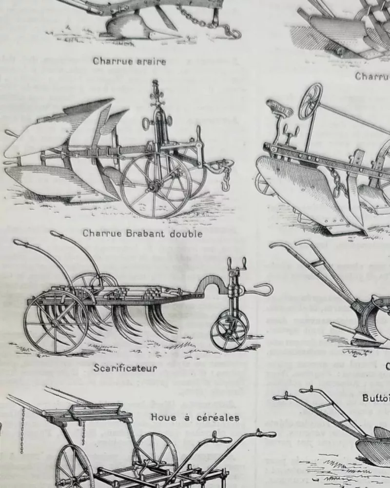 Agriculture, machines et outils, deux planches originales 1897 – détail de la planche ancienne