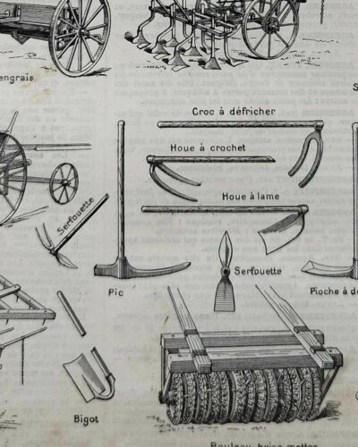 Agriculture, machines et outils, deux planches originales 1897