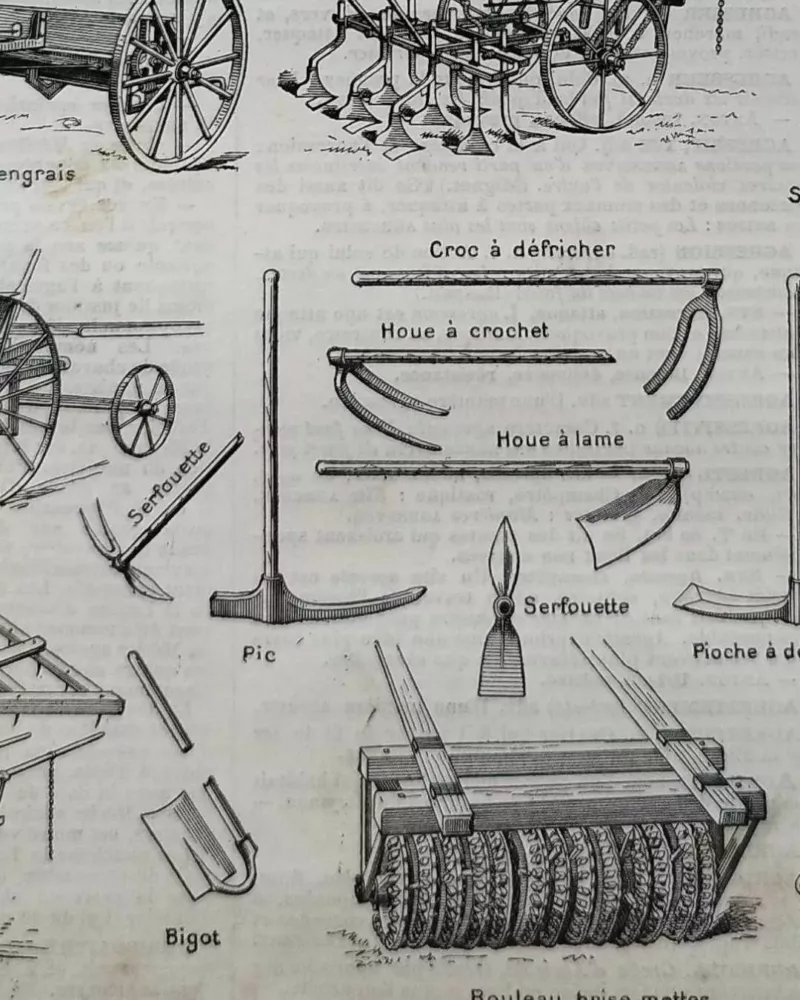 Agriculture, machines et outils, deux planches originales 1897 – détail de la planche ancienne