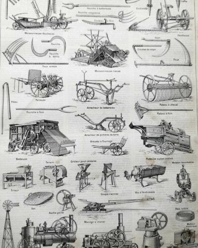 Agriculture, machines et outils, deux planches originales 1897