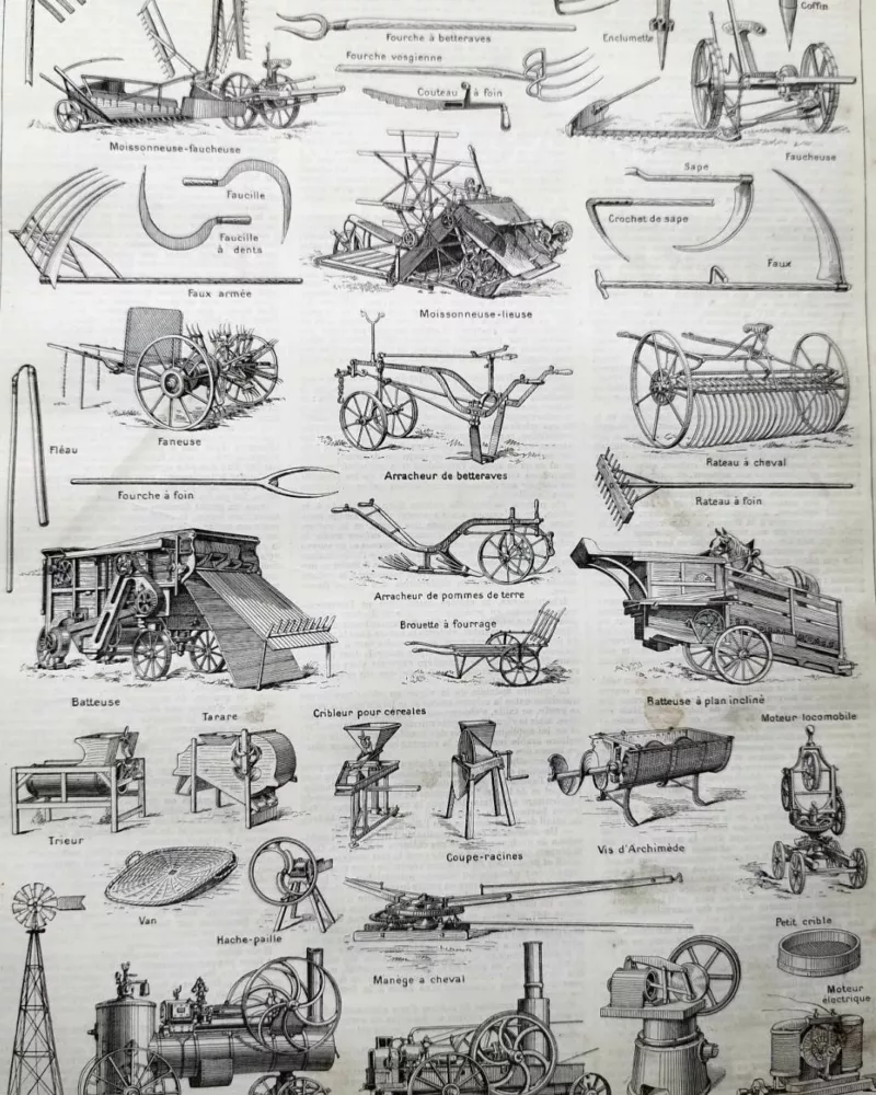 Agriculture, machines et outils, deux planches originales 1897 – verso du document ancien