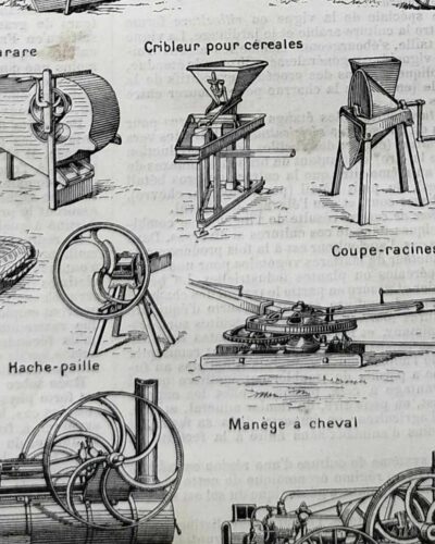Agriculture, machines et outils, deux planches originales 1897